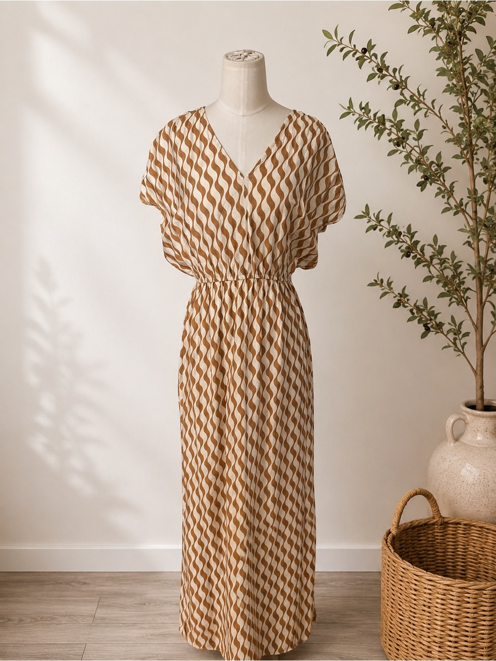 SAGE The Label Beige Brown Geometric Print Maxi Dress Size M Boho Resort Beach